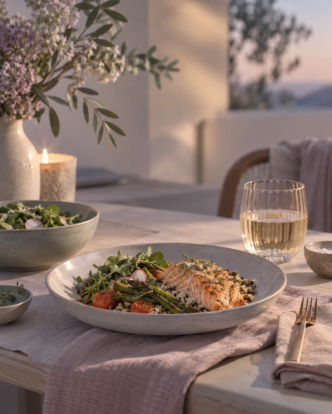 A simple dinner in warm evening light