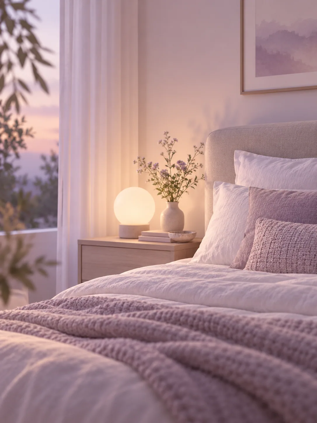Lavender bedding and a softly lit bedside lamp