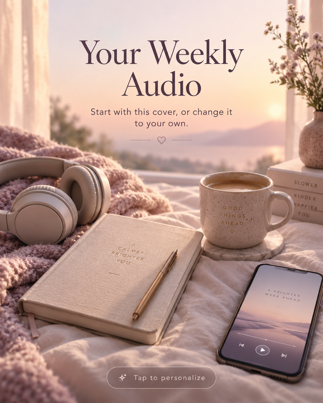 Your Weekly Audio cover with headphones, a journal and a cup by a window